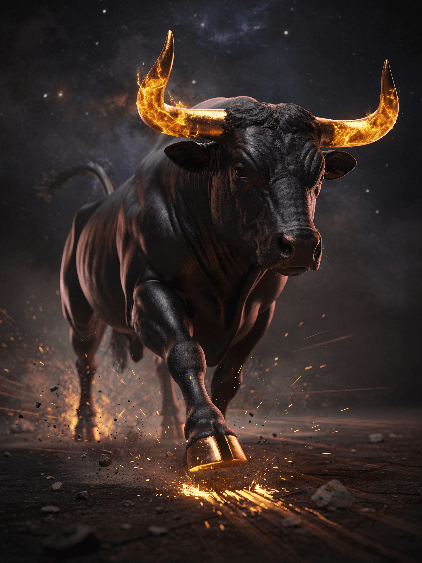 A matte-black charging bull with molten gold horns kicking up embers