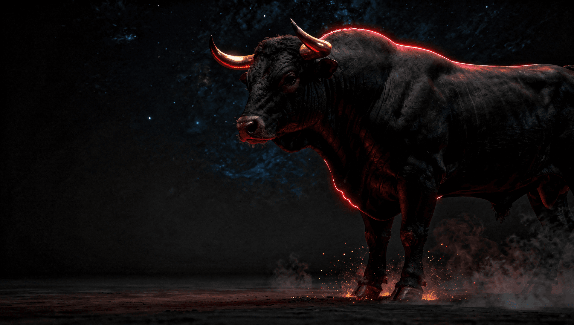 A charging matte-black bull rendered against a deep nebula void